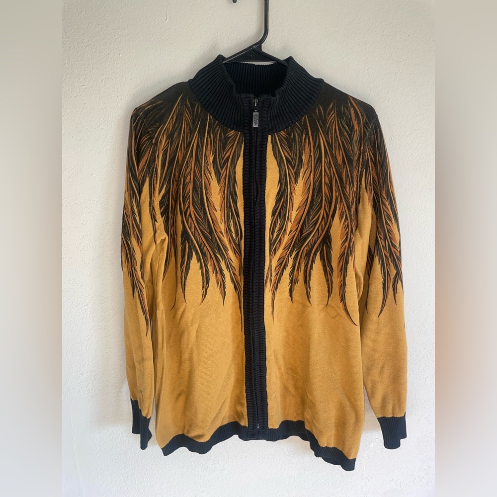 Bob Mackie Mustard Yellow and Black Feather-Print Zip Cardigan